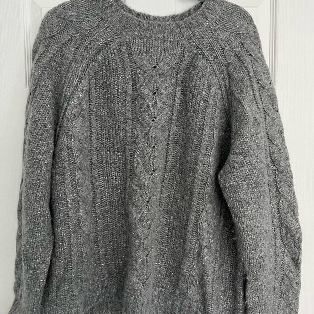 J. Crew Gray Cable Knit Crew Neck Shimmer Sweater
